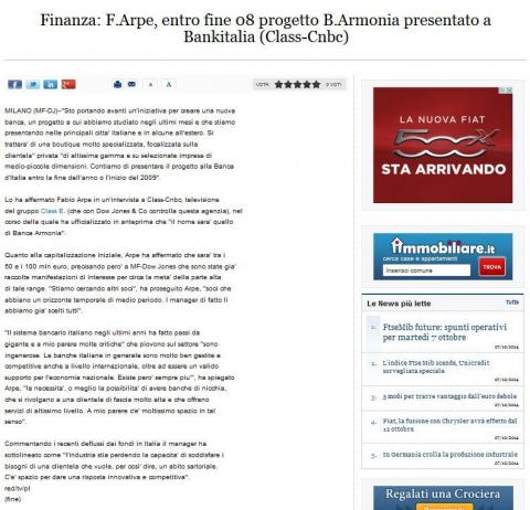 Finanza: F.Arpe, entro fine 08 progetto B.Armonia presentato a Bankitalia