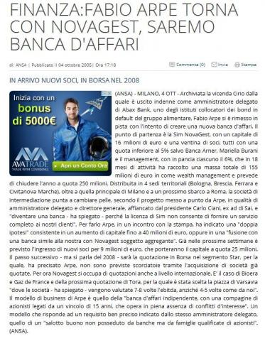 FINANZA: Fabio Arpe torna con Novagest, saremo banca d'affari