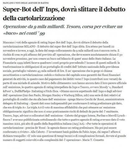 Super-Bot dell'Inps, dovrà slittare il debutto della cartolarizzazione