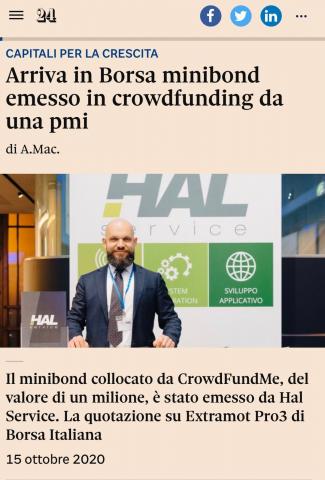 Il Sole24Ore CrowdFundMe annuncia «la quotazione del primo minibond» sul segmento Extramot Pro 3 di Borsa Italiana